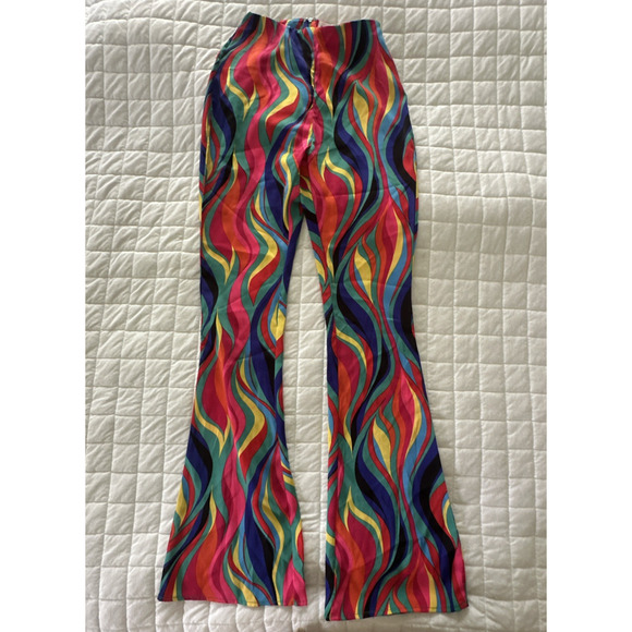 SUPERDOWN Pants Womens Colorful Rainbow Flare Mid Rise Side Zip Mod Retro Glam - Picture 1 of 11